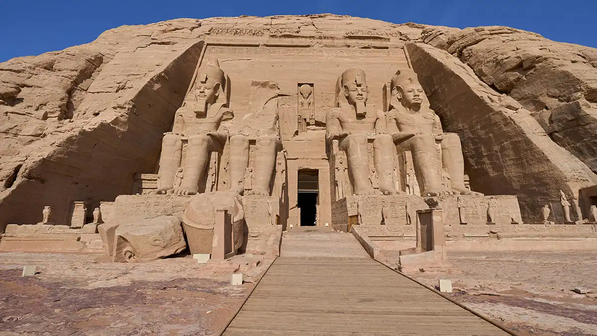 Colossal statues of Ramesses II at Abu Simbel Temple in Egypt